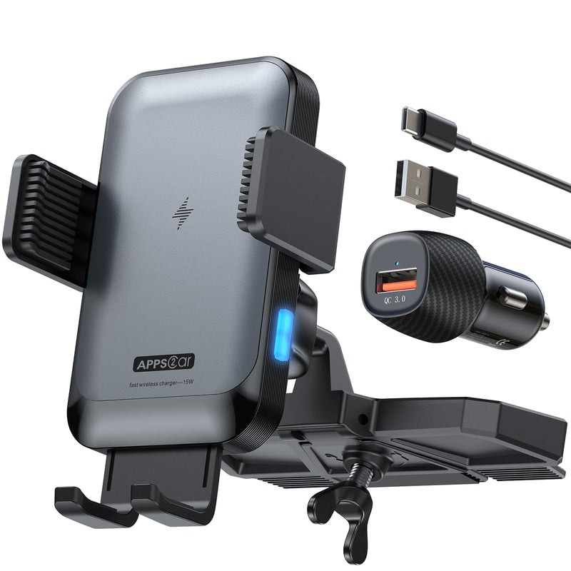 APPS2Car Wireless Car Charger Mount CD Slot Auto Clamping 15W Fast Charging | Sturdy Car Phone Holder Mount Charger for iPhone 17 16 15 14 13 12 Pro Max Plus, Samsung S25 S24 S23, Google, LG etc.