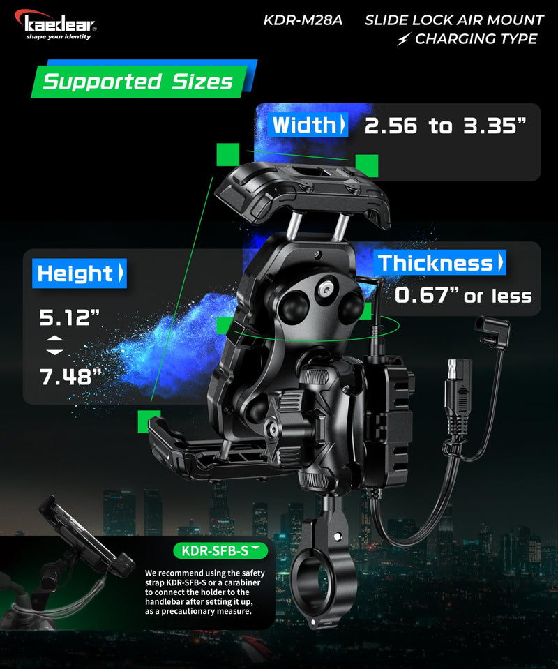 Kaedear Qi Wireless Charging Motorcycle Phone Mount, IP66, KDR-M28A | Qi wireless charging, USB charging, vibration absorption, IP66 waterproof, quick release, locking system, slide-lock design