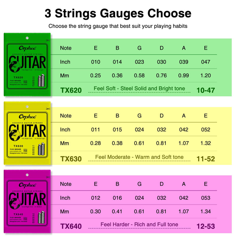 Guitar Strings, Acoustic Guitar Strings, 6 Strings Set, Hexagonal Carbon Core 75/25 Bronze, Light, 10-47, 10 Packs TX620