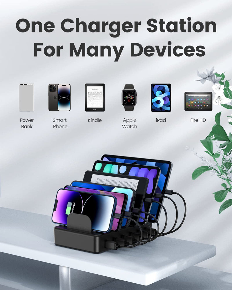 CREATIVE DESIGN Charging Station, 50W 6 Ports Multi Charger Station with 6 Charging Cables, USB Charging Dock for Multiple Devices, Compatible with Cellphone iPad Kindle Tablet and Other Electronic Black