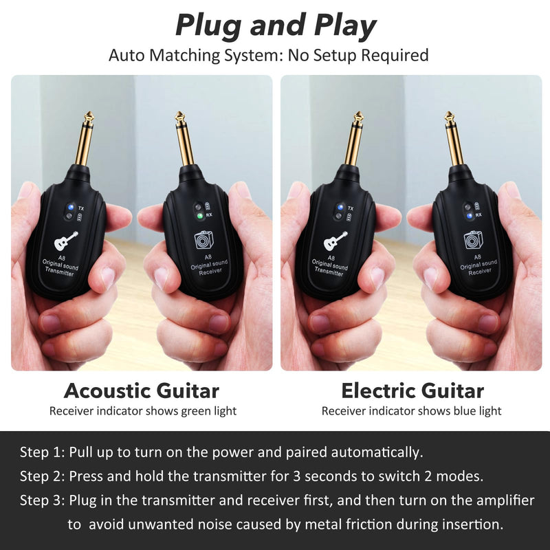 A8 Wireless Guitar Transmitter Receiver System, 2.4GHz Rechargeable, 24-bit/48KHz Audio, Low Latency <4ms for Electric Guitar & Bass, Wireless Audio Transmitter & Receiver (A8-2(2TX+1RX)) A8-2(2TX+1RX)