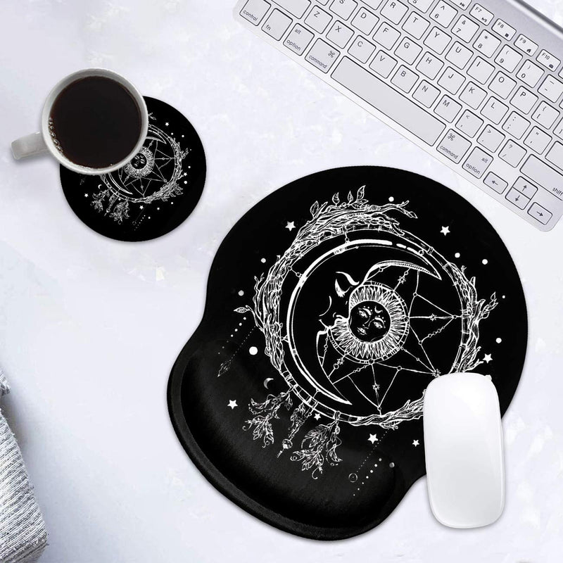 Ergonomic Mouse Pad Wrist Support and Cute Coffee Coaster, Celestial Theme Sun with Crescent Moon Design Wrist Rest Mousepad, Pain Relief Wrist Mouse Pads for Computer Laptop Home Office Bos-wrist Mp-15