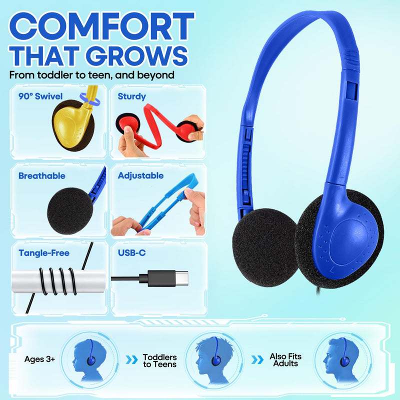 USB C Headphones Bulk 20 Pack for Classroom School Kids, Wholesale Durable On-Ear Headset for Students Teens, Compatible with Chromebook Laptop Tablet Smartphones (HY857C, 20 Mixed)