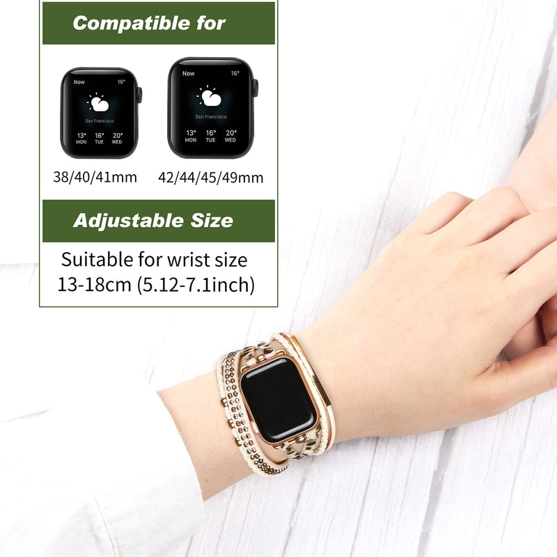 Boho Leather Wrap Bands Compatible with Apple Watch Band Bracelet for Women Men 38mm/40mm/41mm, Multilayer Apple Watch Strap for Iwatch Band Series 8/7/6/5/4/3/2/1/SE Ultra, Gold