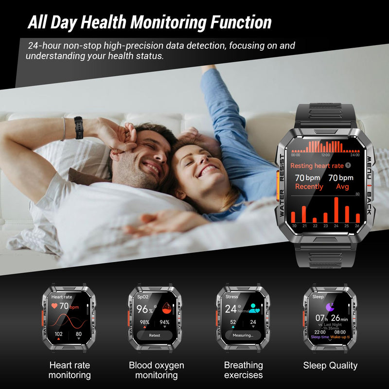 Military Smart Watch for Men (Answer/Make Calls), 2.01'' Smart Watch for Android and iPhone, Fitness Tracker with Flashlight/Compass/100 Days Battery/Heart Rate/Sleep/100+ Sport Modes(2 Straps) W60 Black