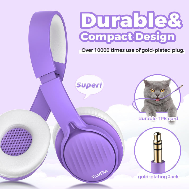 [AUSTRALIA] - TuneFlux Upgraded Kids Headphones, Wired Toddler Headphones, 85dB Limited Volume On Ear Headphones, Portable Foldable Design, Stereo Sound Kids Headphones for School/Tablet/Travel-Purple Purple 