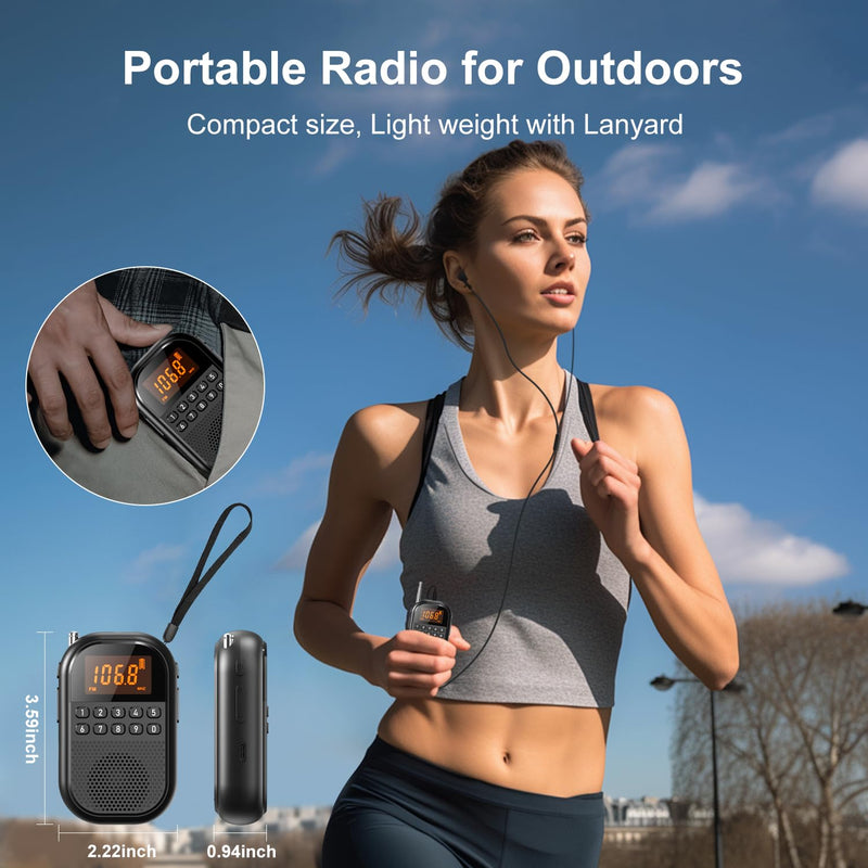 [AUSTRALIA] - Pocket AM FM Radio:1100mAh Rechargeable Radio Supports Bluetooth, Mini FM AM Receiver with Large Speaker, Stereo Earphone, Sleep Timer, Easy to use for Jogging, Walking Black 