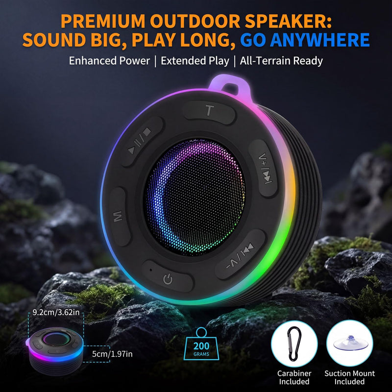 [AUSTRALIA] - Portable Bluetooth Speaker with vibrant led lights, IPX6 Waterproof, Loud Stereo Sound,Hands-Free Calling/Radio, for Shower, Beach, Outdoors, Over 10 H Playtime, Mini/Small, Suction Cup & Hook 