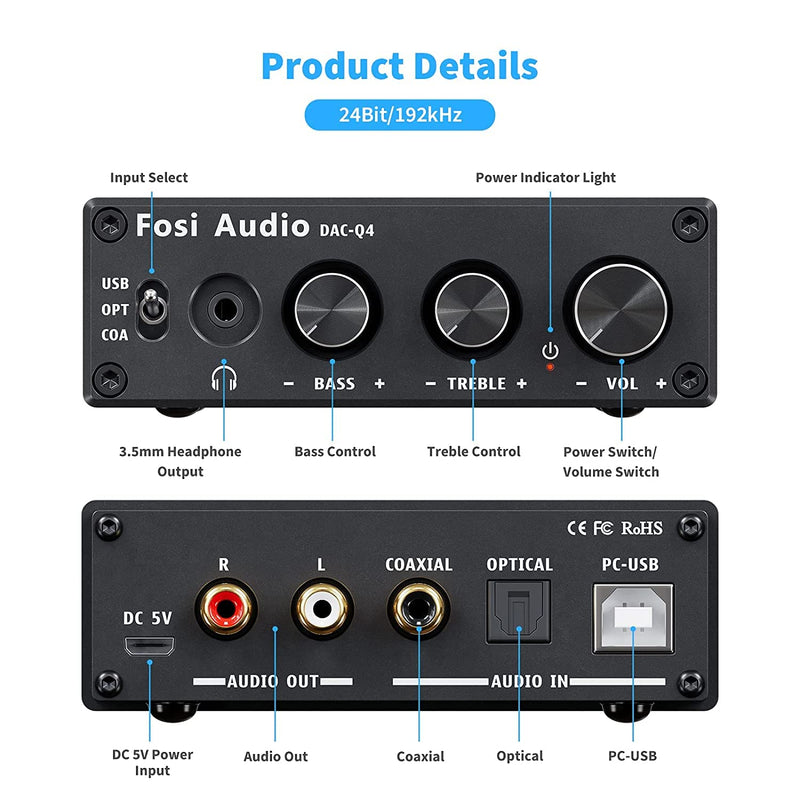 Fosi Audio Q4 Desktop DAC Headphone Amp for PC Mini Stereo Headphone Amplifier Combo USB Optical Coaxial to RCA AUX Digital-to-Analog Audio Converter Adapter for Home Powered Speakers