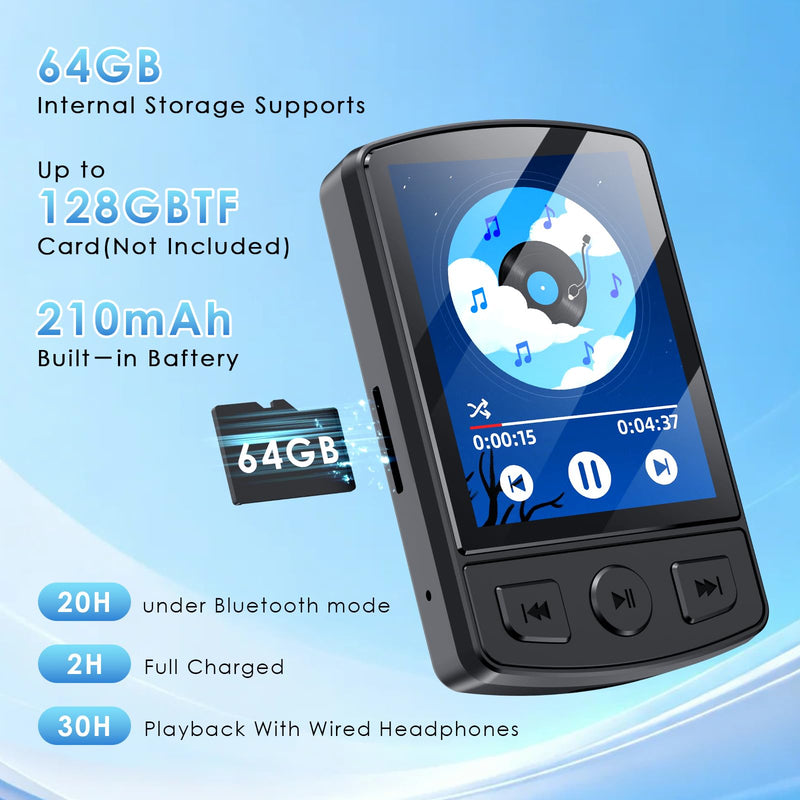 [AUSTRALIA] - Fohil MP3 Player with Bluetooth 5.2, 64GB Portable MP3 Player with Clip, Mini MP3 Music Player with Earphones FM Radio E-Book Reading HiFi-Speaker, Best Gift for Music Lovers 