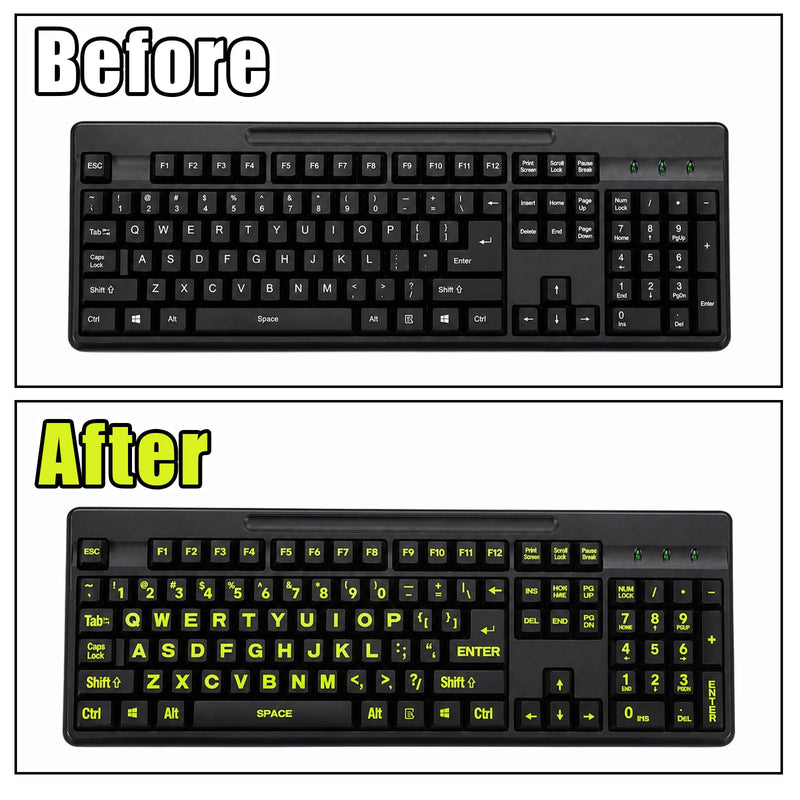 2PCS Large English Keyboard Stickers for PC Computer Desktop Keyboards | Yellow Lettering Black Background Replacement Keyboard Stickers, With 2 Cleaning Cloth