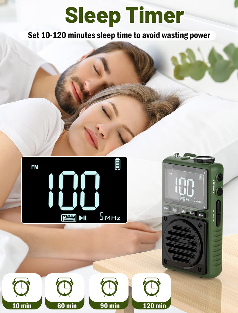 Digital AM FM Weather Band Radio with Flashlight,850mAh Rechargeable Portable Pocket Radio with Best Reception,LCD Screen, Back Clip,Stereo Earphone Jack, SOS Alarm,Sleep Timer for Jogging,Walking Green