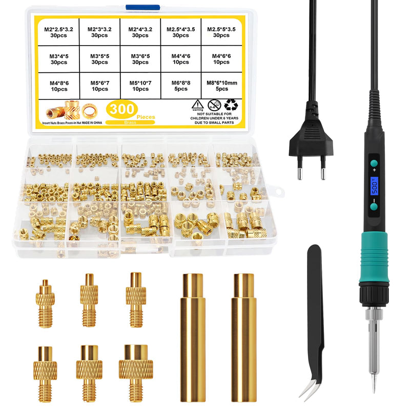 310-Piece Threaded Insert Soldering Tips Set, 100 W LCD Adjustable Temperature Soldering Iron with 6 Soldering Tips, 300 Thread Inserts M2 M2.5 M3 M4 M5 M6 M8 3D Print Melting Nuts etc