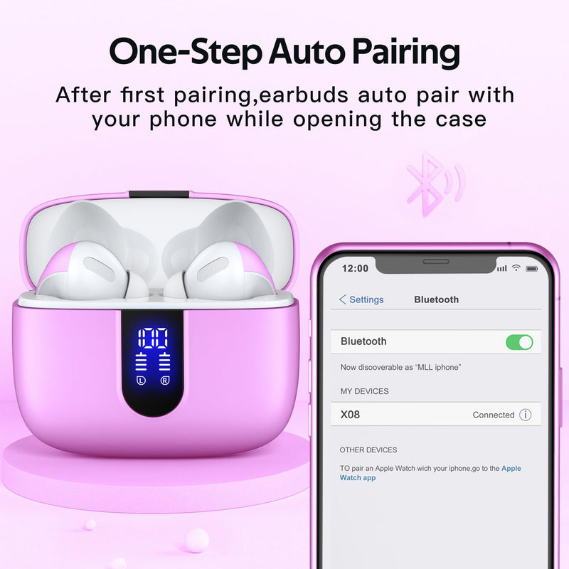 TAGRY 2 Sets X08 Sunset Pink and Phantom Purple Bluetooth Headphones True Wireless Earbuds 60H Playback Ear Buds with Wireless Charging Case in-Ear Earbuds with Mic