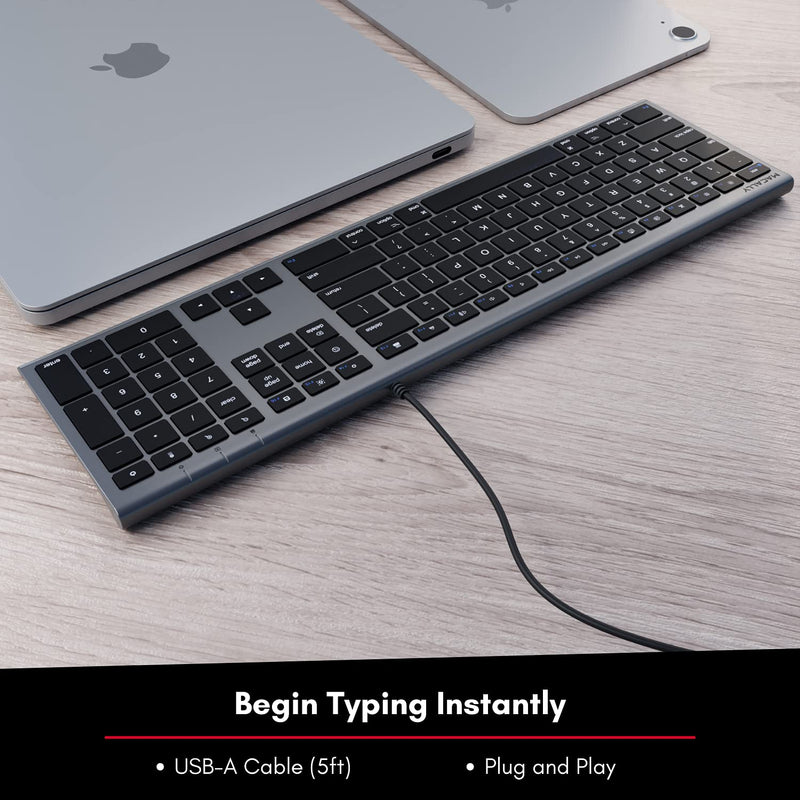 Macally Ultra-Slim USB Wired Computer Keyboard - Works Great as Both a Windows or Wired Mac Keyboard - Compatible Full Size Apple Keyboard with Numeric Keypad for Mac Mini, iMac, MacBook - Space Gray Space Grey