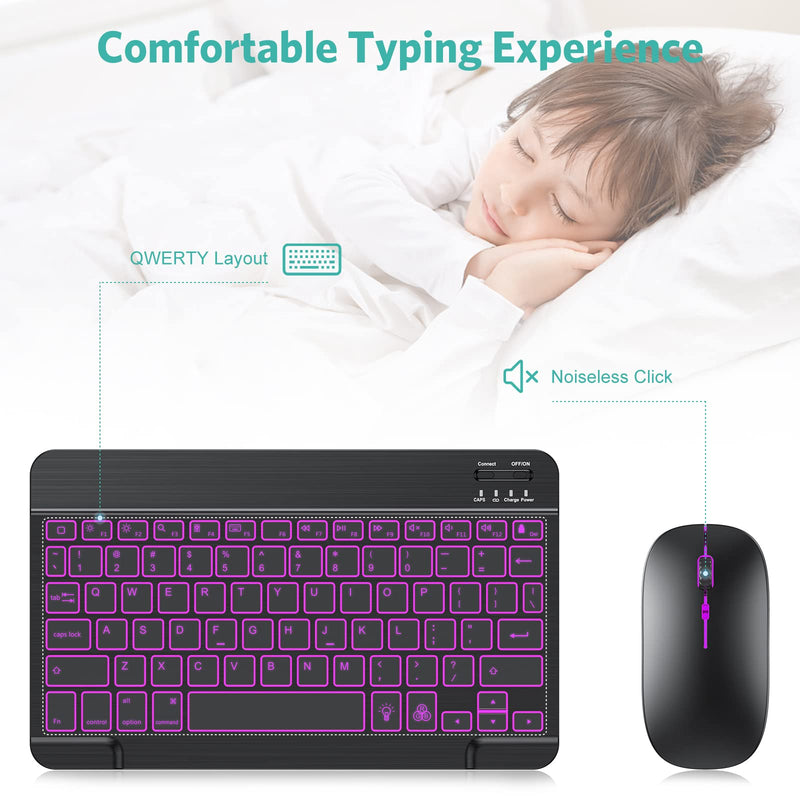TECURS Bluetooth Keyboard and Mouse Combo for iPad, 7-Color Backlit Rechargeable Wireless Keyboard & Mouse Compatible with iPad 9th/8th Gen, iPad Pro/Air/Mini and ipadOS 13 and Above, Black
