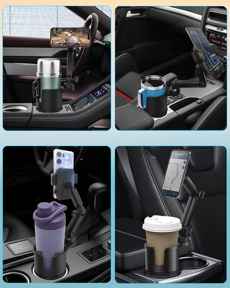 2-in-1 Cup Phone Holder for Car, 360° Adjustable Car Phone Mount | Anti-Slip Phone Cup Holder Long Arm, Fits 2.5–4" Cup Slots, Stable Holds Phones & Large Bottles, Compatible iPhone 17/16 Pro black