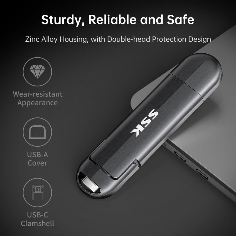 SSK 256GB External SSD Drive up to 550MB/s Dual USB C+A 3. 2 Thumb Drive | Support OTG Function,Fast Solid State SSD,USB A+C Dual Head,USB Memory Stick for iPhone 15/16/17/Android Phone,Metal
