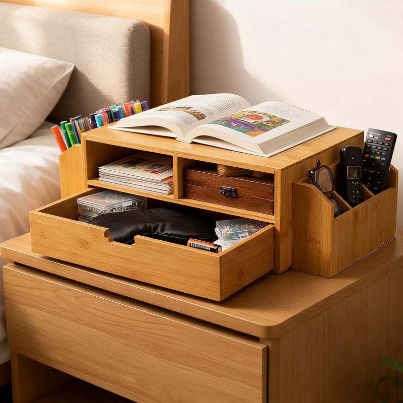 Hiceeden 2 Tier Bamboo Desktop Organizer, Desk Monitor Stand Riser with 1 Drawer and 2 Pen Holder, 2 Compartment Computer Desk Storage Organizer for Laptop, Printer