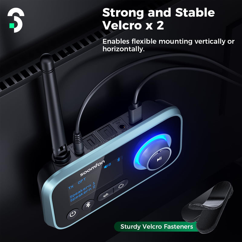 Bluetooth Transmitter Receiver - SOOMFON 3-in-1 Bluetooth 5.0 Audio Adapter for 2 Headphones with LCD Display Adjustable Volume, Optical AUX RCA Bypass for TV Home Stereo Speaker