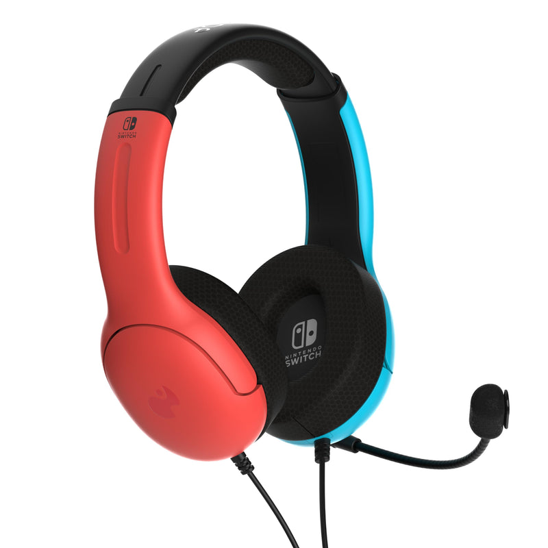 PDP Gaming LVL40 Airlite Stereo Headset for Nintendo Switch/Lite/OLED - Wired Power Noise Cancelling Microphone, Lightweight Soft Comfort On Ear Headphones (Mario Neon - Red & Blue) Blue & Red