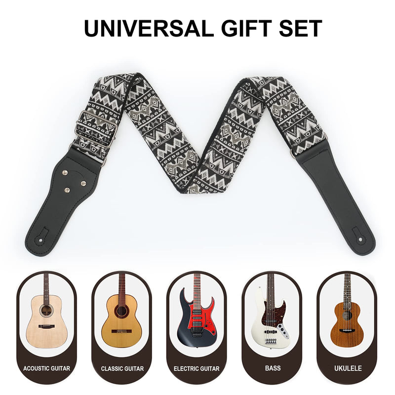Guitar Strap-Vintage Woven, For Bass, Electric & Acoustic Guitar. FREE 2 Strap Locks + Headstock buttoned tie Black and White Bohemian