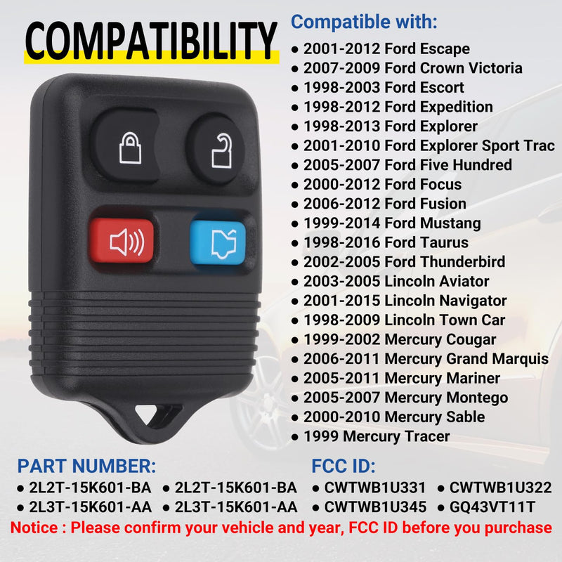 Keyless Entry Remote Key Fob Compatible with Ford Escape Explorer Expedition Focus Fusion Mustang Taurus, Lincoln, Mercury, Mazda, Replacement for CWTWB1U345, 4 Button (Pack of 2)