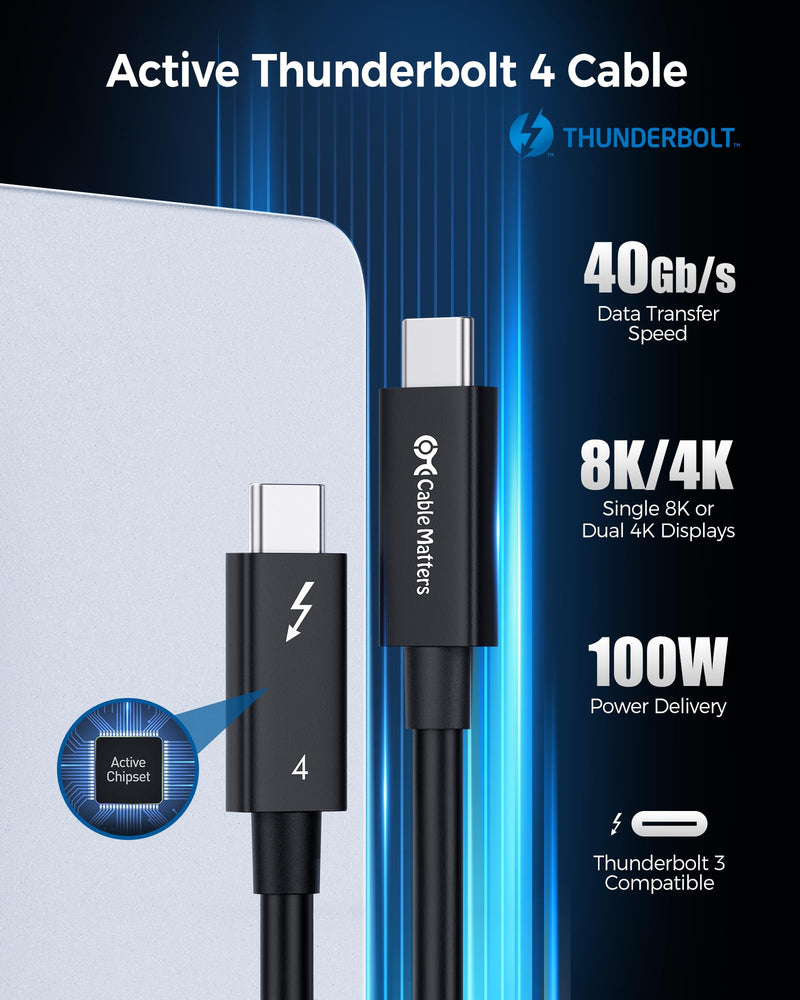 Cable Matters [Intel Certified] 40Gbps Active Thunderbolt 4 Cable, 6.6ft | Black, [8K@60Hz / 4K@240Hz, 100W Charging, 40Gbps Data Transfer], Compatible with Thunderbolt 3, USB4, USB-C Regular