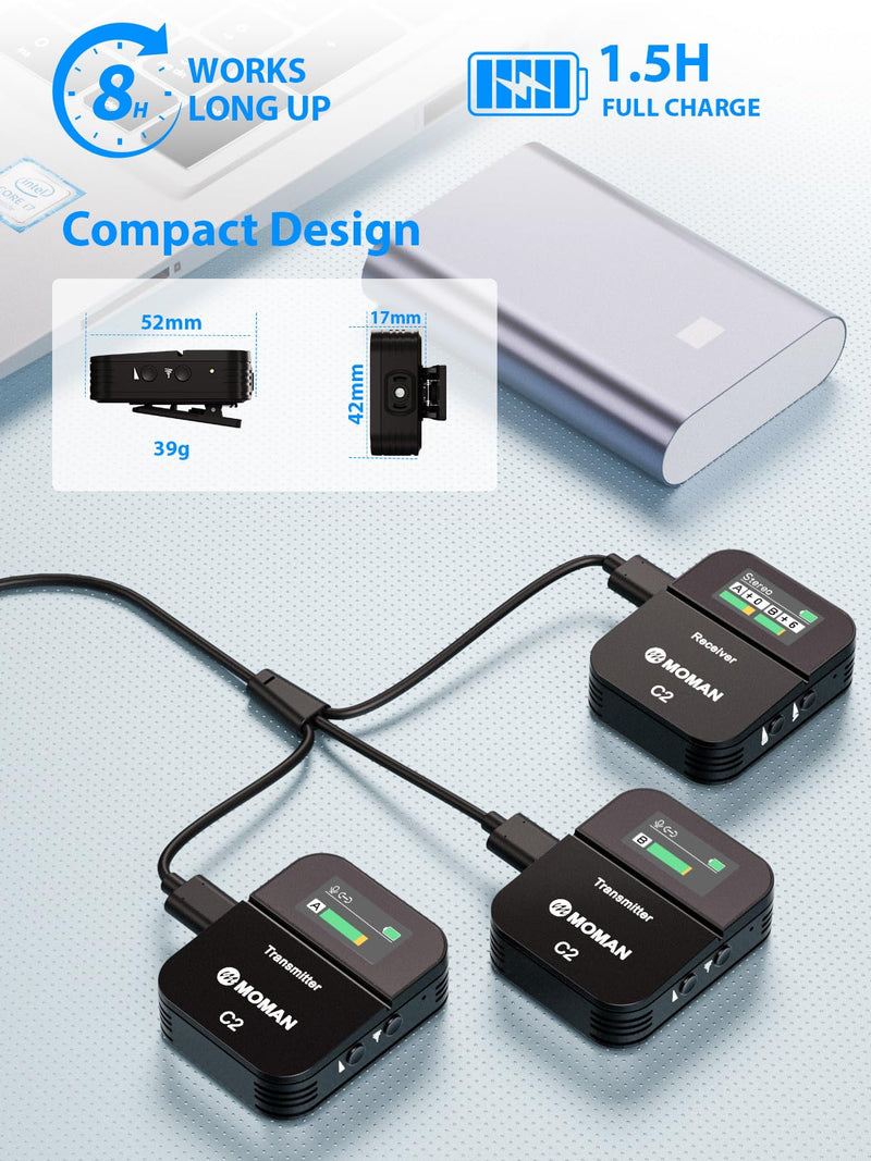 Moman Wireless Lavalier Microphone C2X, 2.4G Dual Transmitter Lapel Mic 656FT 8H for Online Class Vlog Stream YouTube for Camera Smartphone Tablet (C2X Dual) C2X Dual