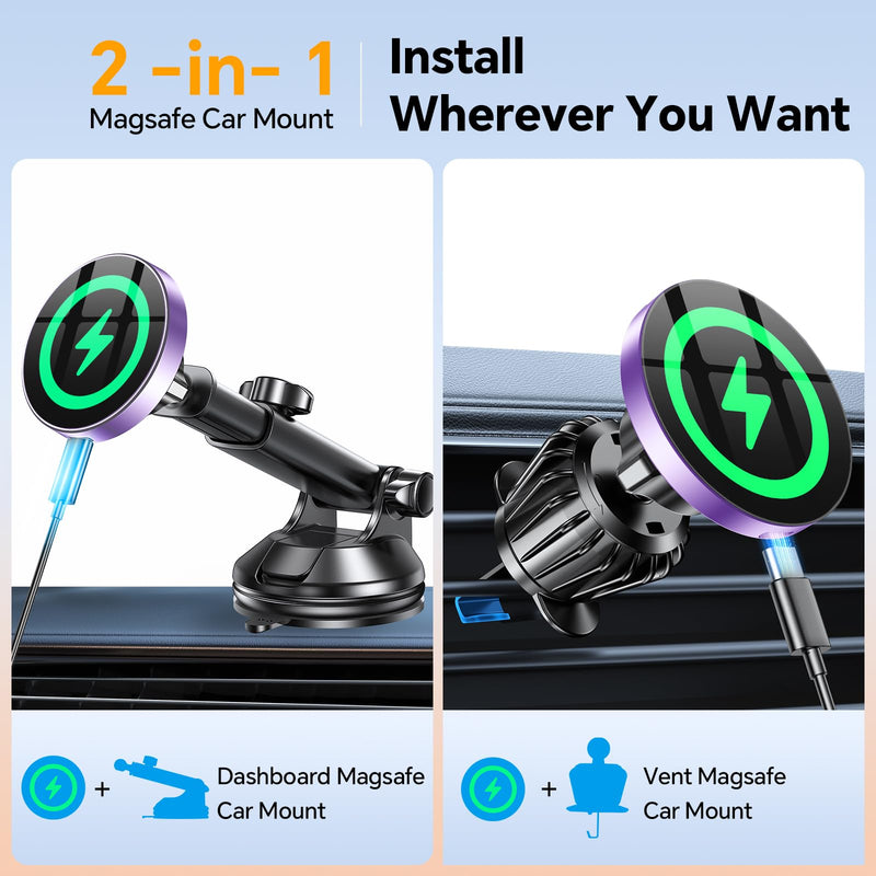Coolpow for MagSafe Car Mount Charger【Ultra Magnet】 Magnetic Phone Holders for Your Car Charger【Windshield+Vent+Dash】 Magnetic Wireless Car Phone Holder Charger Car Mount for iPhone 17 (Purple) Purple