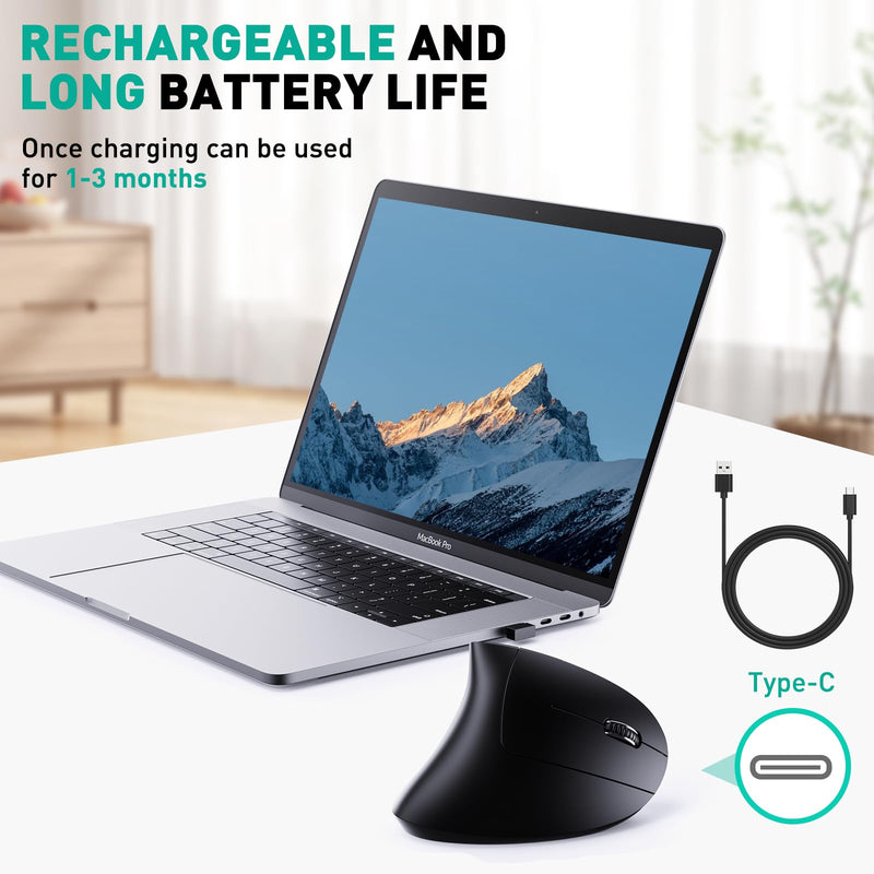 Bluetooth and 2.4G (2-in-1) Rechargeable Wireless Mouse, Ergonomic Vertical Design, 1000/1200/1600 DPI, 6 Silent Buttons, for Laptop, Computer, PC, MacBook, Chromebook-Black