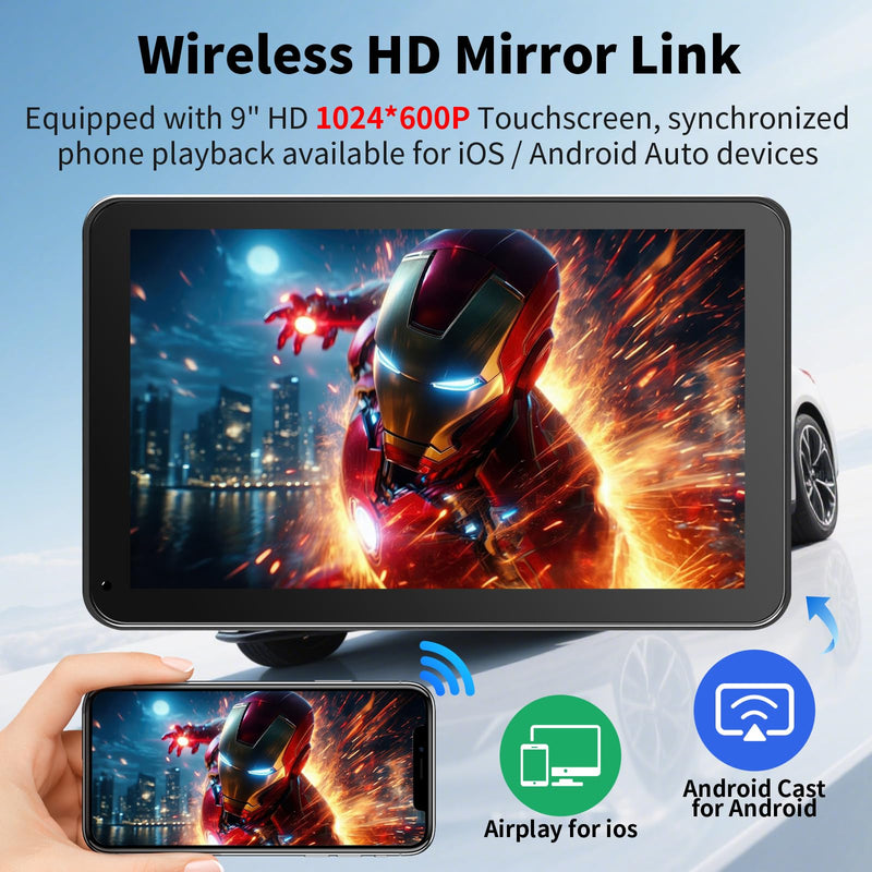 CarPlay Screen for Car, 9'' Wireless CarPlay & Android Auto - Smart Portable Touchscreen with Bluetooth/FM, Mirror Link, Voice Control, GPS Navigation, Plug & Play Car Play Screen, Silver