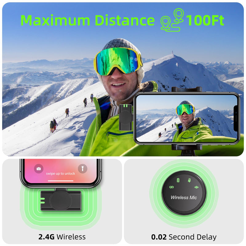 Wireless Lavalier Microphone for iPhone 15 16, iOS and Android Devices,with Noise Cancelling,Wireless Mic for Video Recording Interview Podcast Vlog, Mini Microphone for YouTube Tiktok for Android