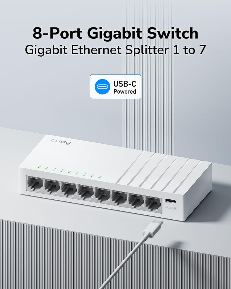 Cudy 8 Port Gigabit Unmanaged Ethernet Switch, USB-C Powered, GS108U | 8x GbE RJ45, Type-C powered via laptop/TV/power bank, 16 Gbps capacity, 170m Cat5e reach, white design, silent