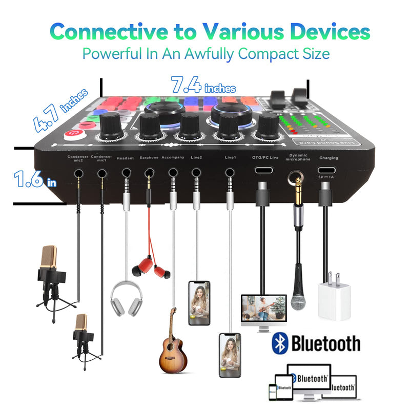 [AUSTRALIA] - Podcast Sound Board - Music Sound Mixer with Effects, Audio Interface for PC Mac iPhone Android, Sound Card for Streaming Recording, DJ Mixer for Beginners (F999 Plus with More Cables) F999 Plus 