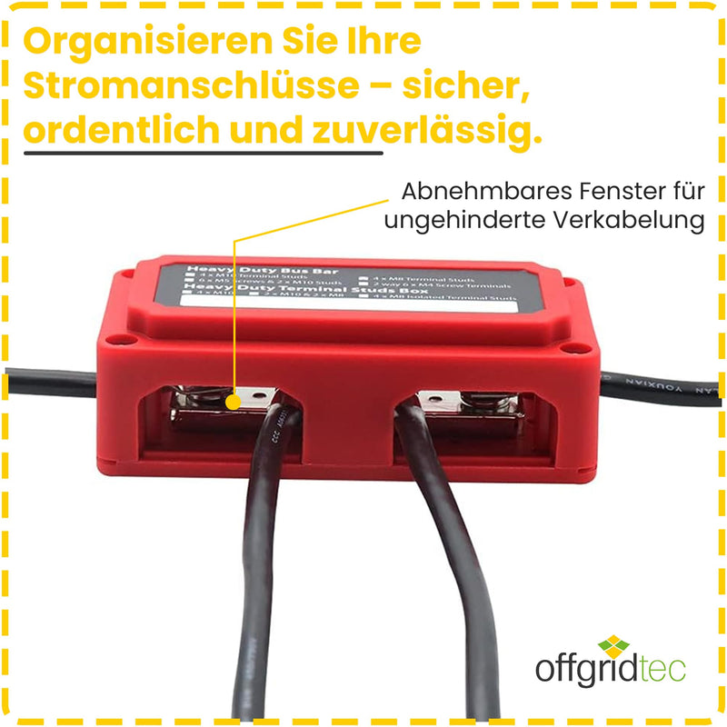 Offgridtec BusBar Box Red 4 x M8 Connection Bolts Including Cover and Mounting Screws Busbar Box 4 x M8 mit Abdeckung Rot