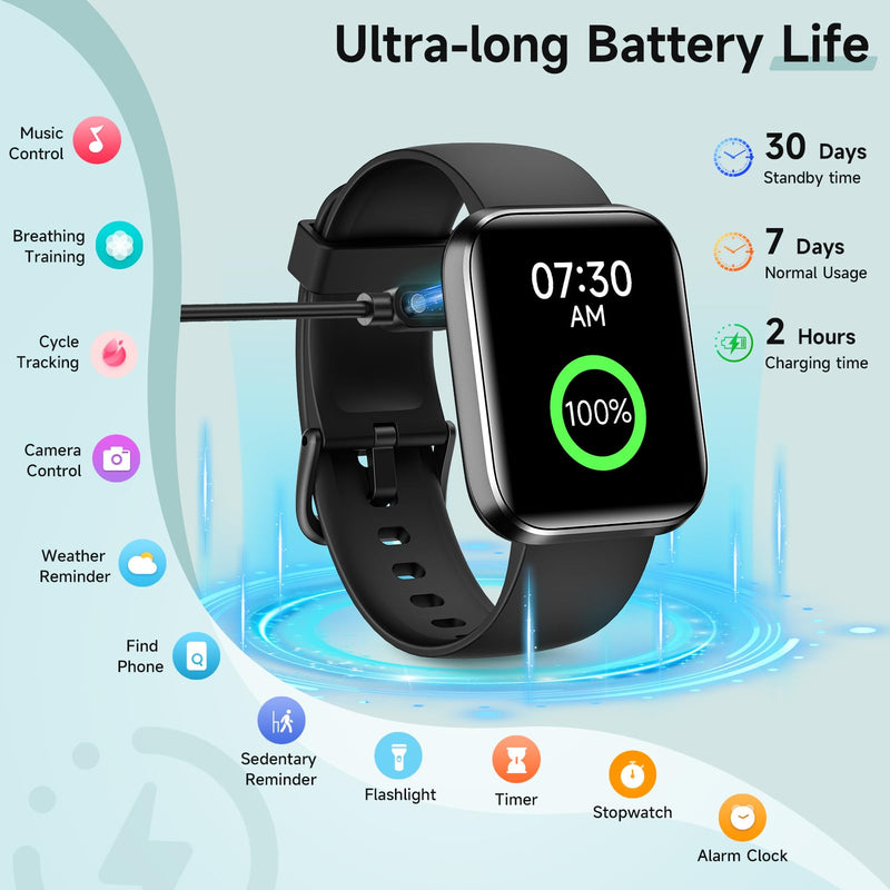 Smart Watch for Men Women, 1.8" Fitness Tracker for Android & iPhone, Answer/Make Calls, Alexa Built-in, Heart Rate/Sleep/SpO2 Monitor Smartwatch, 3ATM Waterproof Watches, 101+ Sport Modes, 2 Bands Matte Black 1.8 inches