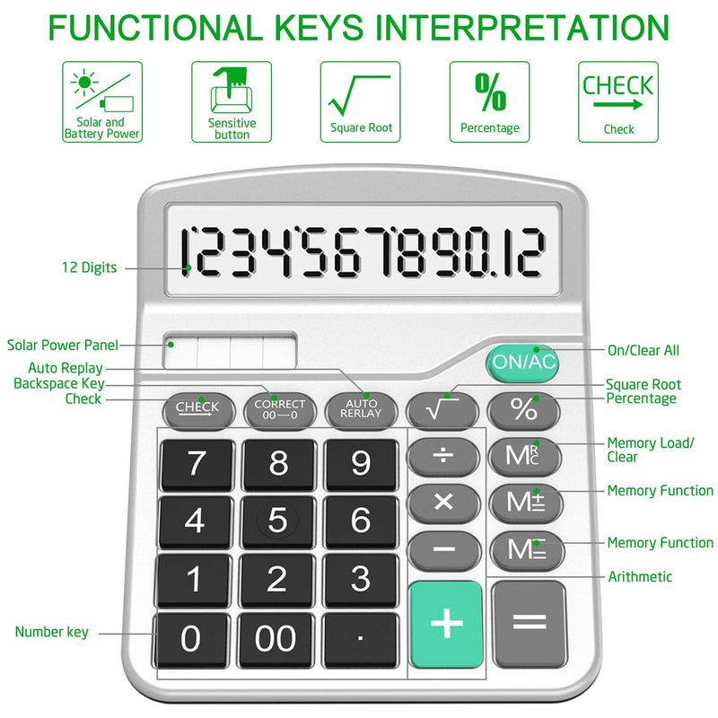 Calculator, Splaks 2 Pack Standard Functional Desktop Calculator Sola and AA Battery Dual Power Electronic Calculator with 12-Digit Large Display (1 Basic Black&1 Updated Silver) 1 Black&1 Silver