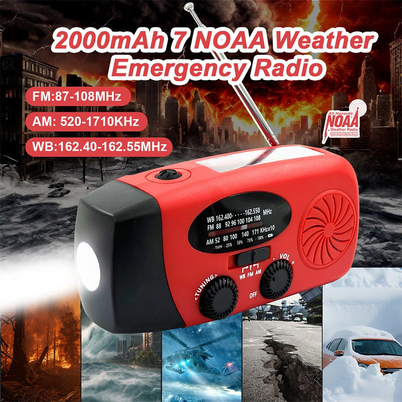 [AUSTRALIA] - Emergency Hand Crank Radio, 2000mAh/7400mWh NOAA Weather Radio Battery Operated, Solar Radio Flashlight Cell Phone Charger, LED Reading Lamp, SOS Alarm for Home, Outdoor Emergencies 