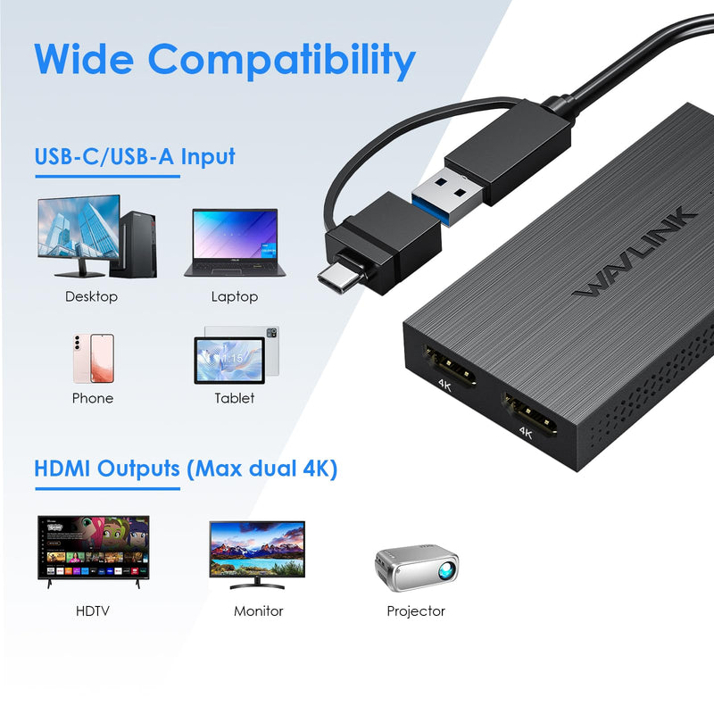 WAVLINK USB 3.0 & USB C to Dual HDMI Adapter 4K@60Hz for Dual Monitor, DisplayLink USB C HDMI Adapter for Apple Mac M1-M5/Macbook Neo, Windows 10/11, ChromeOS (No Linux/iPad/iOS/HDCP), Driver Required USB to Dual HDMI 4K