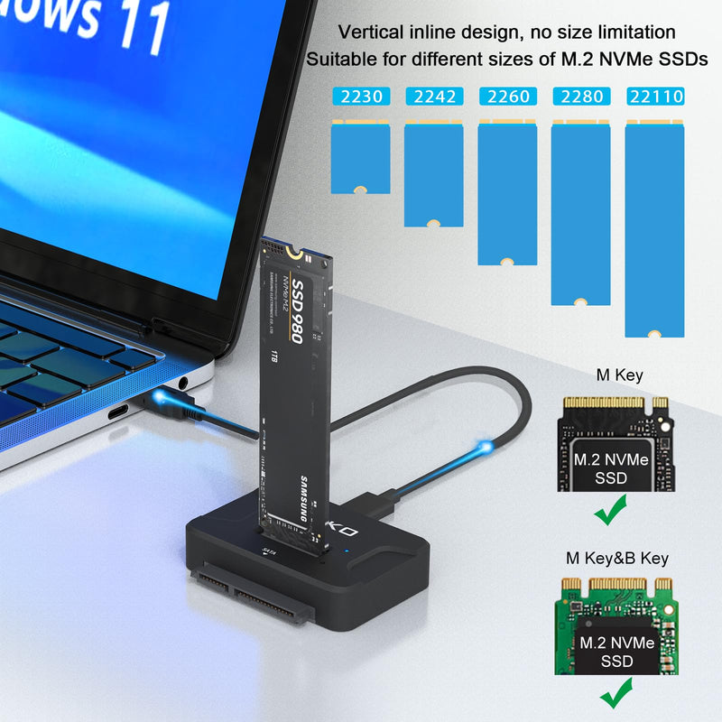 AOKO Dual Bay Hard Drive Docking Station Reader Adapter for M.2 NVMe SSD+ 2.5/3.5 SATA Drives, Support Simultaneous read & write, Included 12V/3A Power Adapter