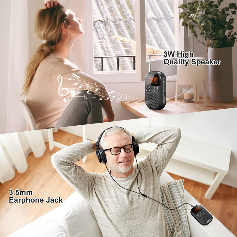 [AUSTRALIA] - Pocket AM FM Radio:1100mAh Rechargeable Radio Supports Bluetooth, Mini FM AM Receiver with Large Speaker, Stereo Earphone, Sleep Timer, Easy to use for Jogging, Walking Black 