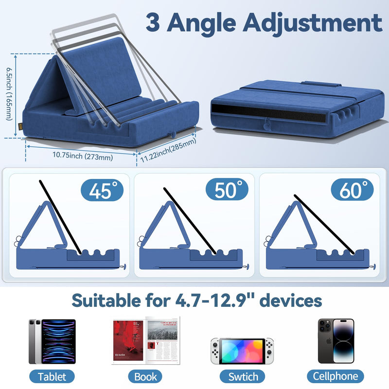[AUSTRALIA] - KDD Tablet Pillow Holder, Foldable iPad Stand for Lap, Bed and Desk -Tablet Soft Pad Dock with Pocket & Stylus Mount Compatible with iPad Pro 12.9, 10.5, 9.7 Air Mini 6 5 4 3, Galaxy Tab,E-Reader Blue 