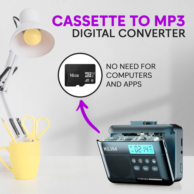 [AUSTRALIA] - KLIM K7 Cassette Tape Player - Cassette to MP3 Converter - Portable - Built-in Microphone & Speaker - Rechargeable Battery - Earphones - 16GB SD Card - Blue 