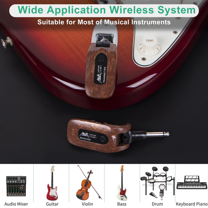 AKLOT Wireless Guitar System Transmitter Receiver Set 5.8G Hz Built-in Rechargeable Lithium Battery Digital for Electric Guitar Bass (5.8GHz) 5.8GHz