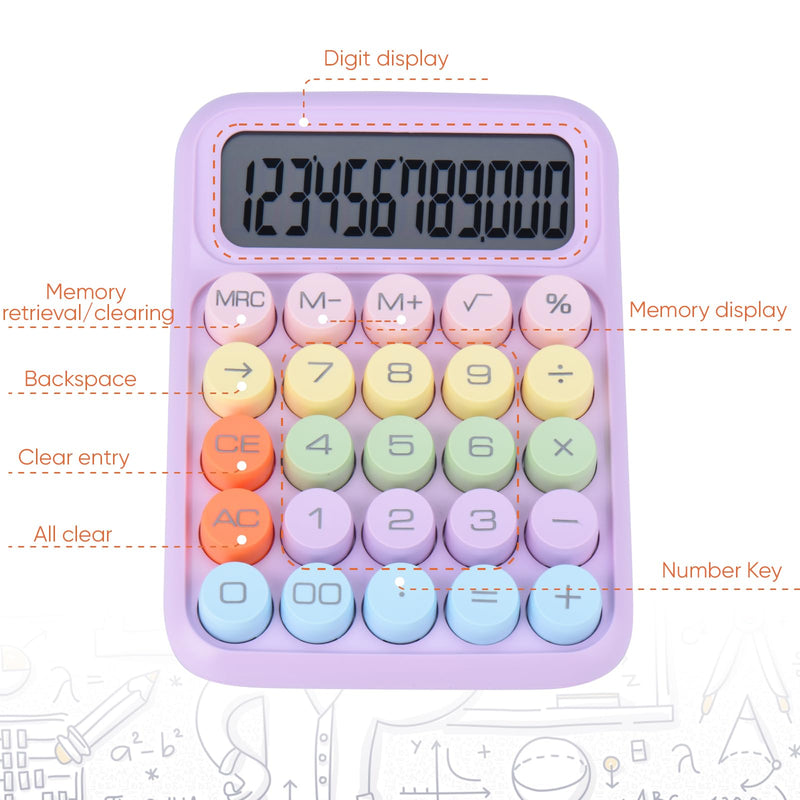 Mechanical Pushbutton Calculator,12 Digit Large LCD Display,Big Buttons Easy to Press,Colorful Candy Calculator,Automatic Sleep,with Battery.for Office,School, Home. (Purple) purple