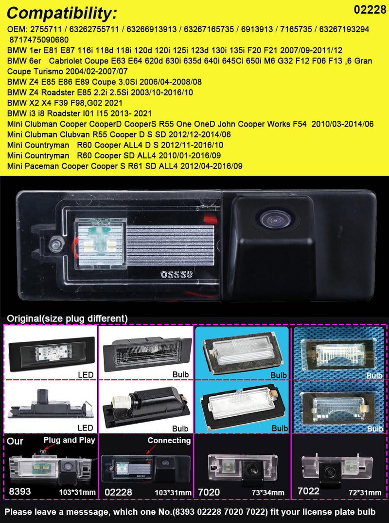 HD Rear-View License Plate Car Reverse Camera for BMW X2 X4 F39 F98 G02/i3 i8 Roadster/Mini Clubman Cooper CooperD Coopers R55 One OneD John Cooper Works F54/Mini Clubman Clubvan R55/Mini Countryman 12mm Len Camera No.02228=103*31mm(connecting)
