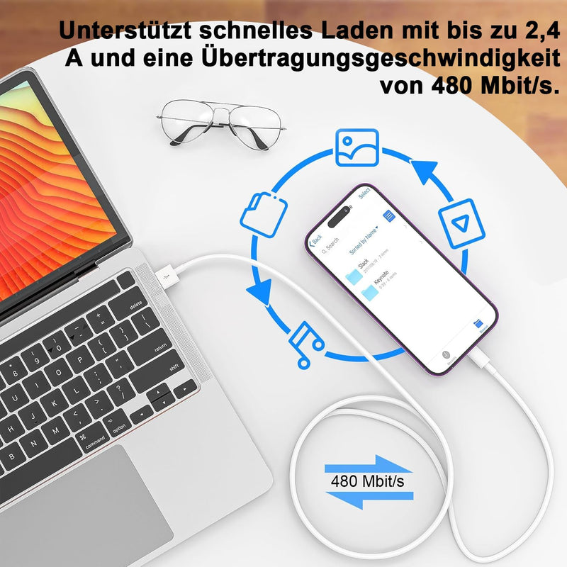 iPhone Charging Cable 2 Pack 1 M + 2 M USB to Lightning Cable MFi Certified for Apple Original Fast Charging Cable, for iPhone 14/13/12/11/Pro/ProMax/Mini/XS/XR/MAX/X/8/7/6/6s/Plus/SE/iPad Mini White