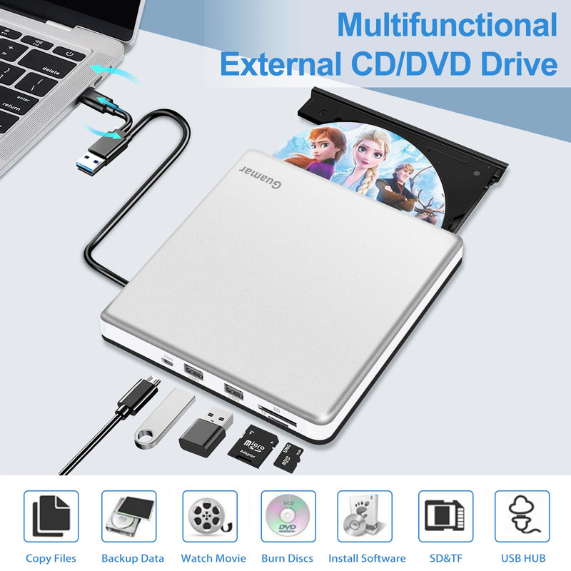[AUSTRALIA] - Guamar External CD Drive for Mac: Portable DVD Burner Player for Laptop PC Windows 11 with SD/TF Slot 2 USB Ports - USB-C Superdrive for Apple MacBook Plug & Play (Silver) White 