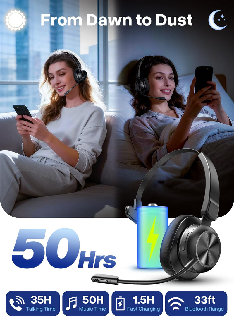 Trucker Bluetooth Headset, Wireless Headset with Microphone | USB Dongle, On Ear Bluetooth Headphones with AI Noise Cancelling 50H Playback Mute Button for Truck Driver Office Work, Black